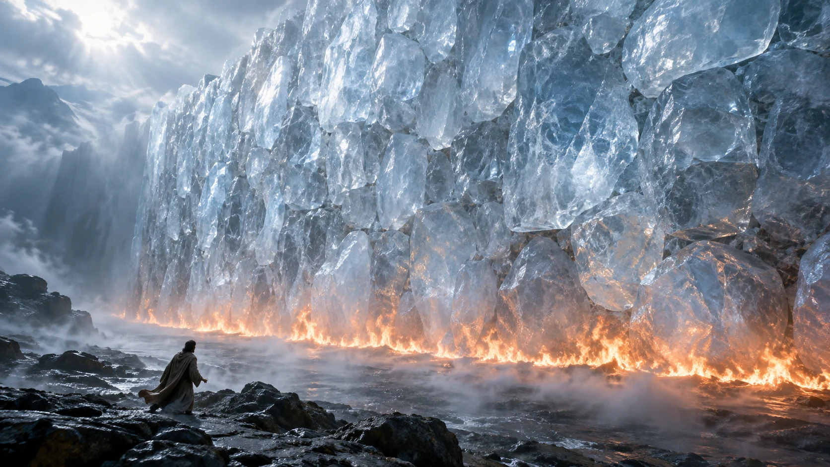 Small Enoch before translucent hailstone wall and fire