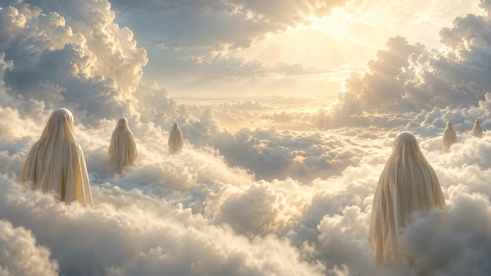 Anonymous ivory-veiled presences face away across a bright cloud expanse.