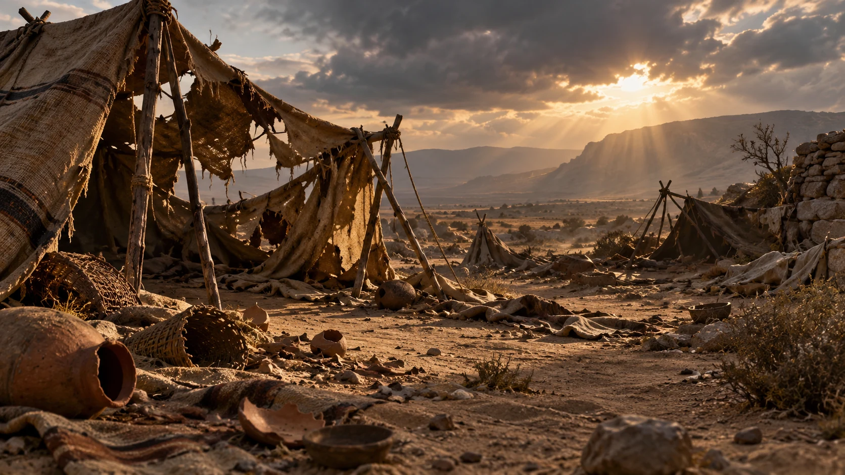 Torn shelter cloth, broken pottery and scattered baskets lie in an empty camp.