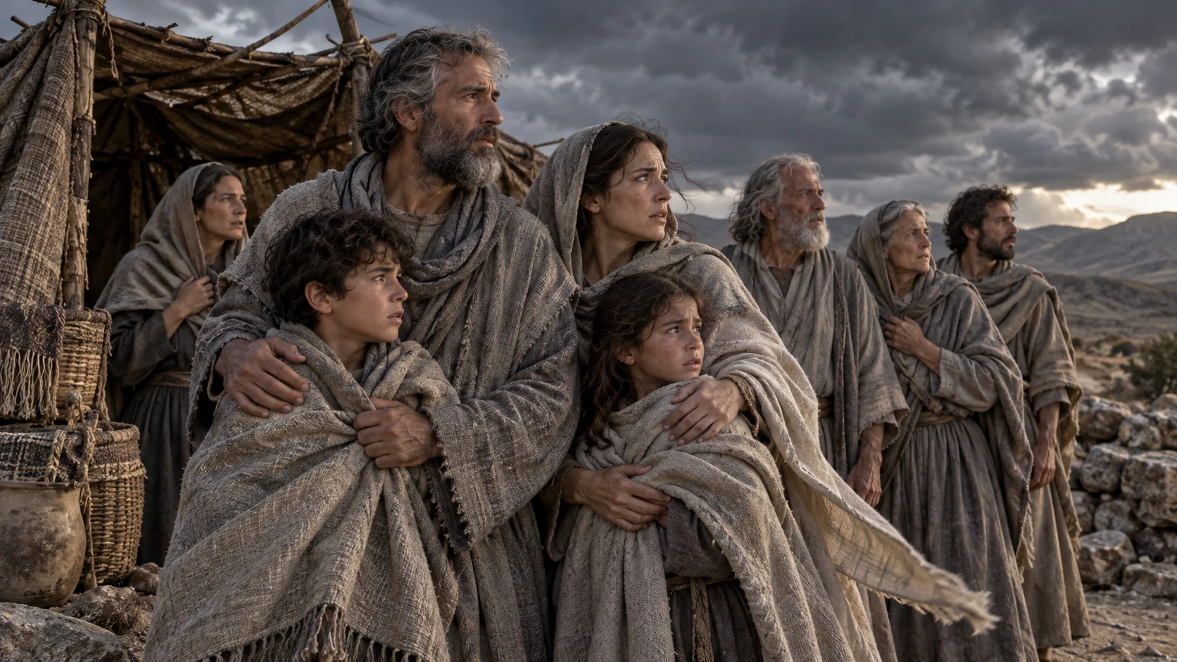Ordinary adults and children gather close together beside a woven shelter in dark wind.