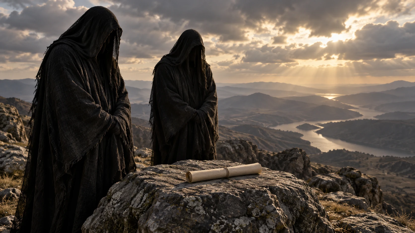 Two dark-veiled Watchers stand beside a rolled blank petition on stone.
