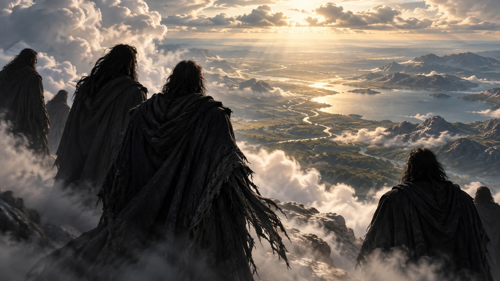 Dark-clothed Watchers overlook an earth horizon through cloud layers.