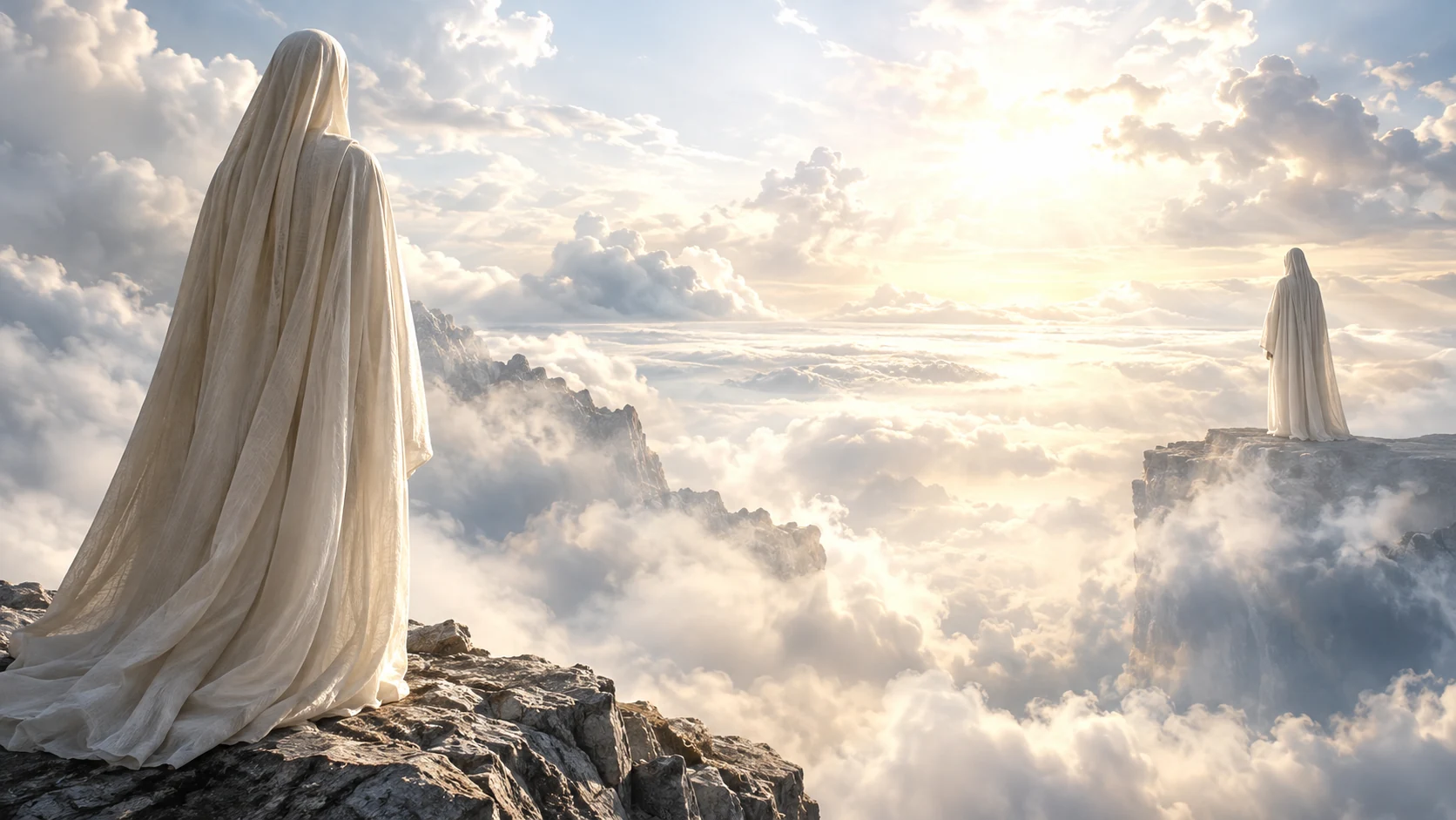 Anonymous ivory-veiled presences stand apart above clouds, with their faces unseen.