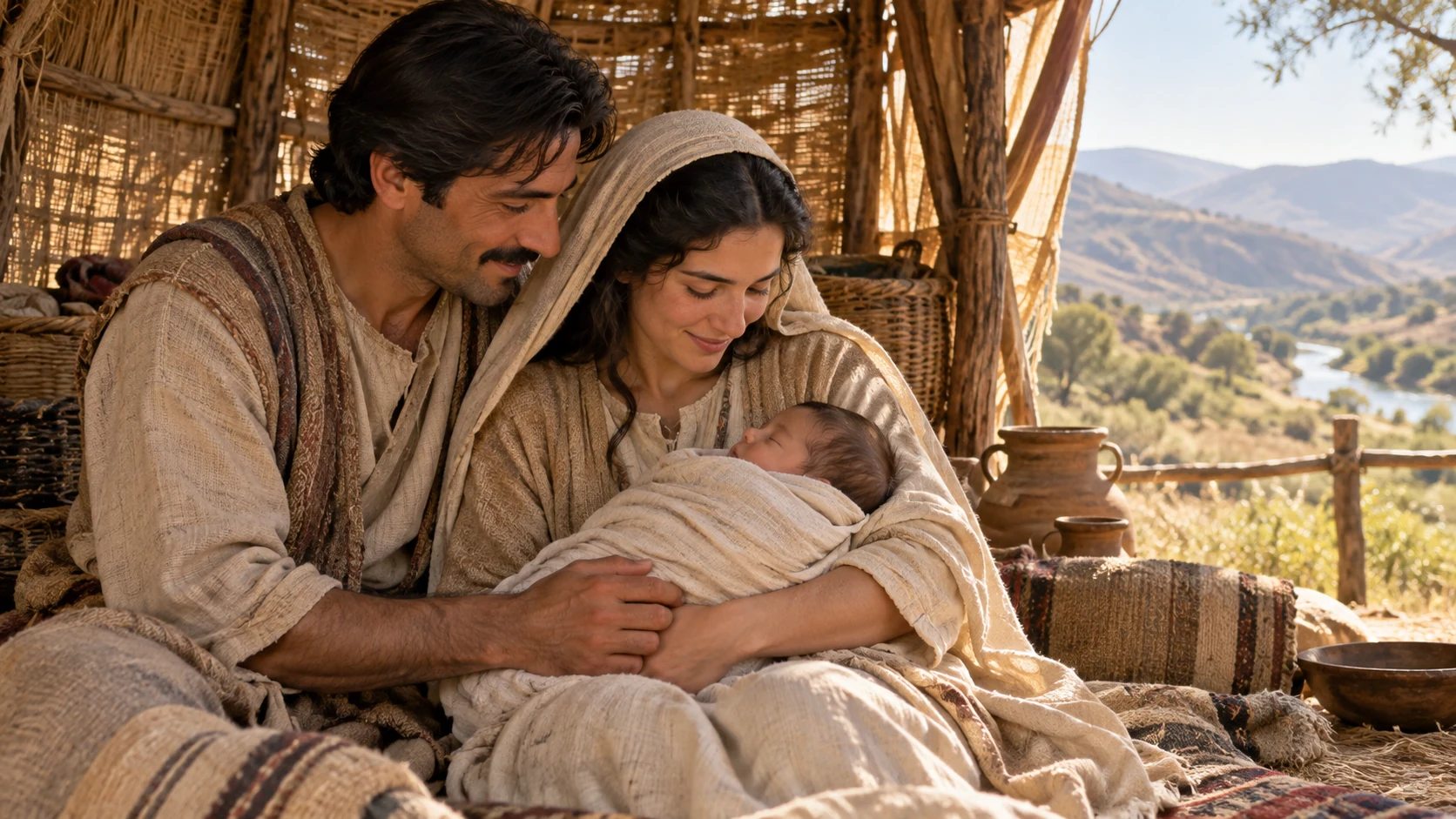 Anonymous ordinary parents hold a swaddled infant inside a woven shelter.