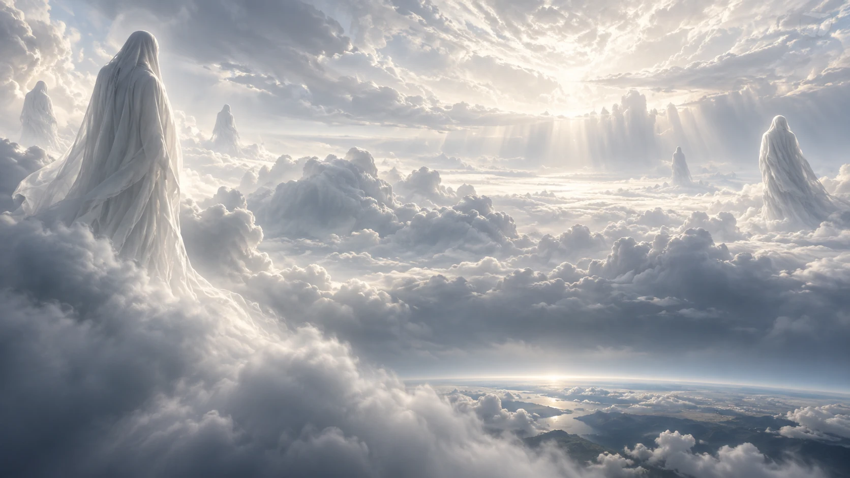 Pale-veiled presences apart in bright high clouds