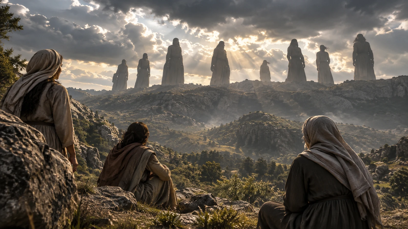 Ordinary adults below a ridge contrast with distant tall clothed silhouettes.