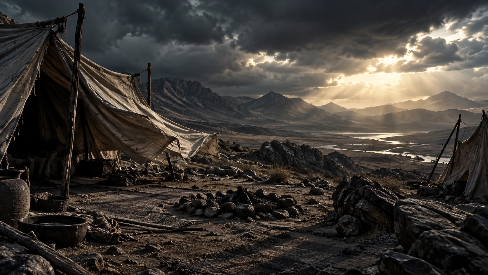 Wind-tossed cloth and empty vessels occupy a deserted earth camp.