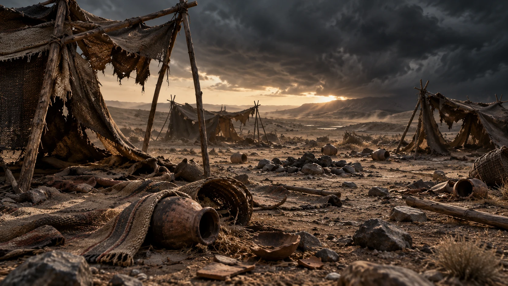 Torn woven shelters, pottery and baskets occupy an empty camp under dark sky.