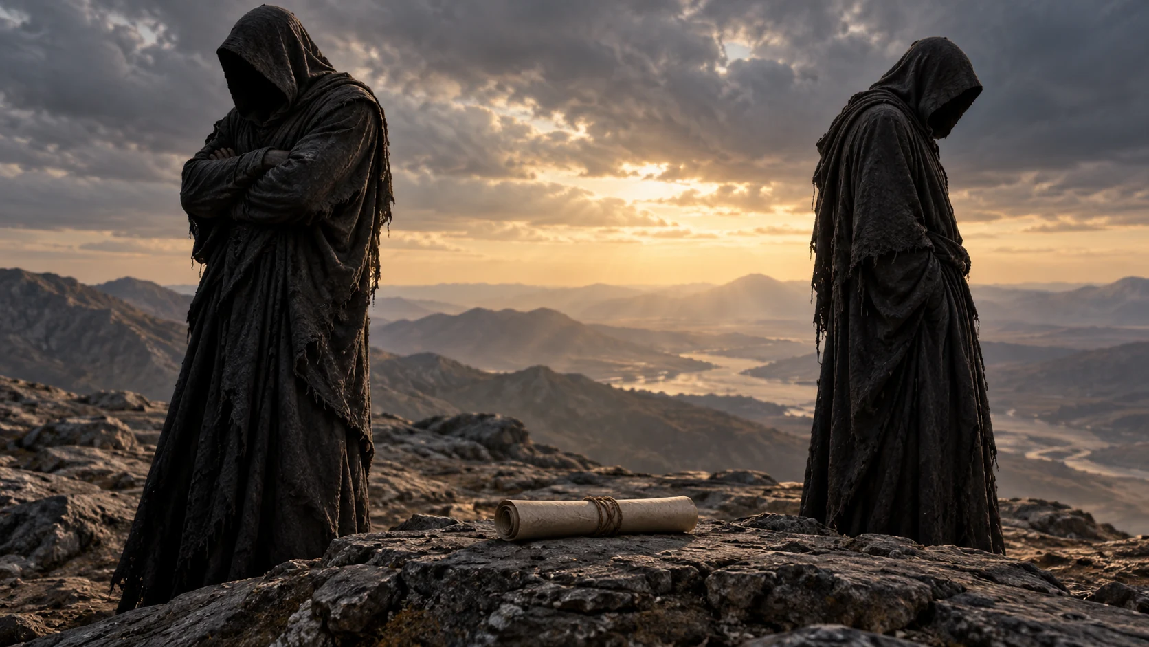 Two anonymous dark-veiled Watchers stand apart beside a rolled blank petition.