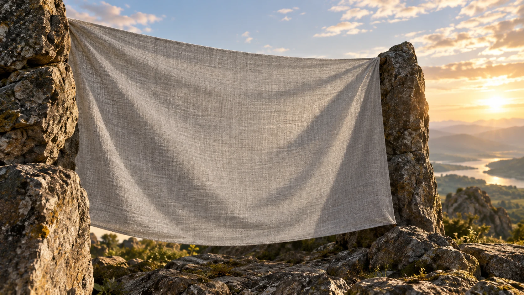 Plain woven cloth between rough stones partly obscures a distant horizon.