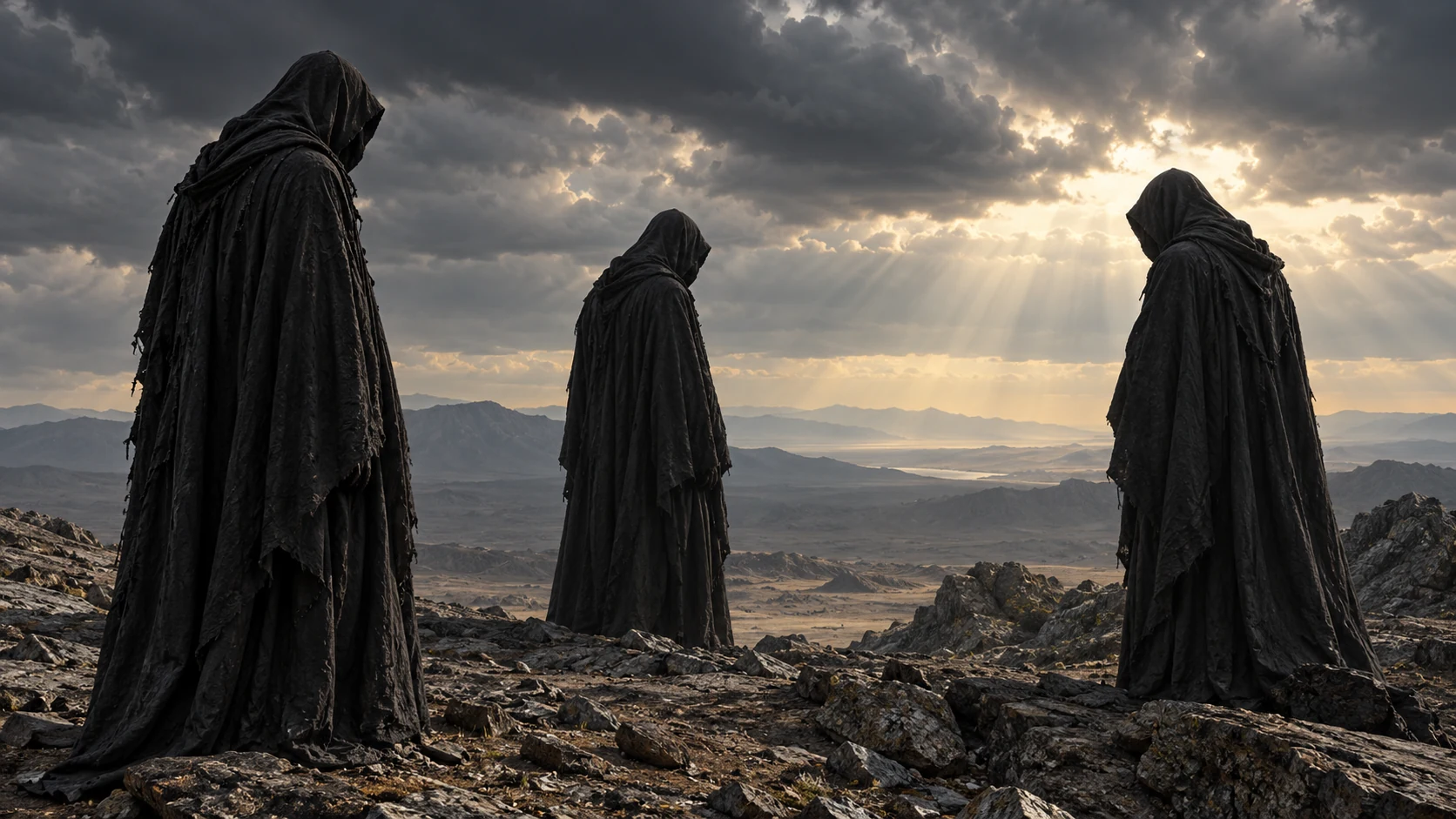 Three dark-veiled Watchers stand separately on a barren ridge beneath unsettled sky.