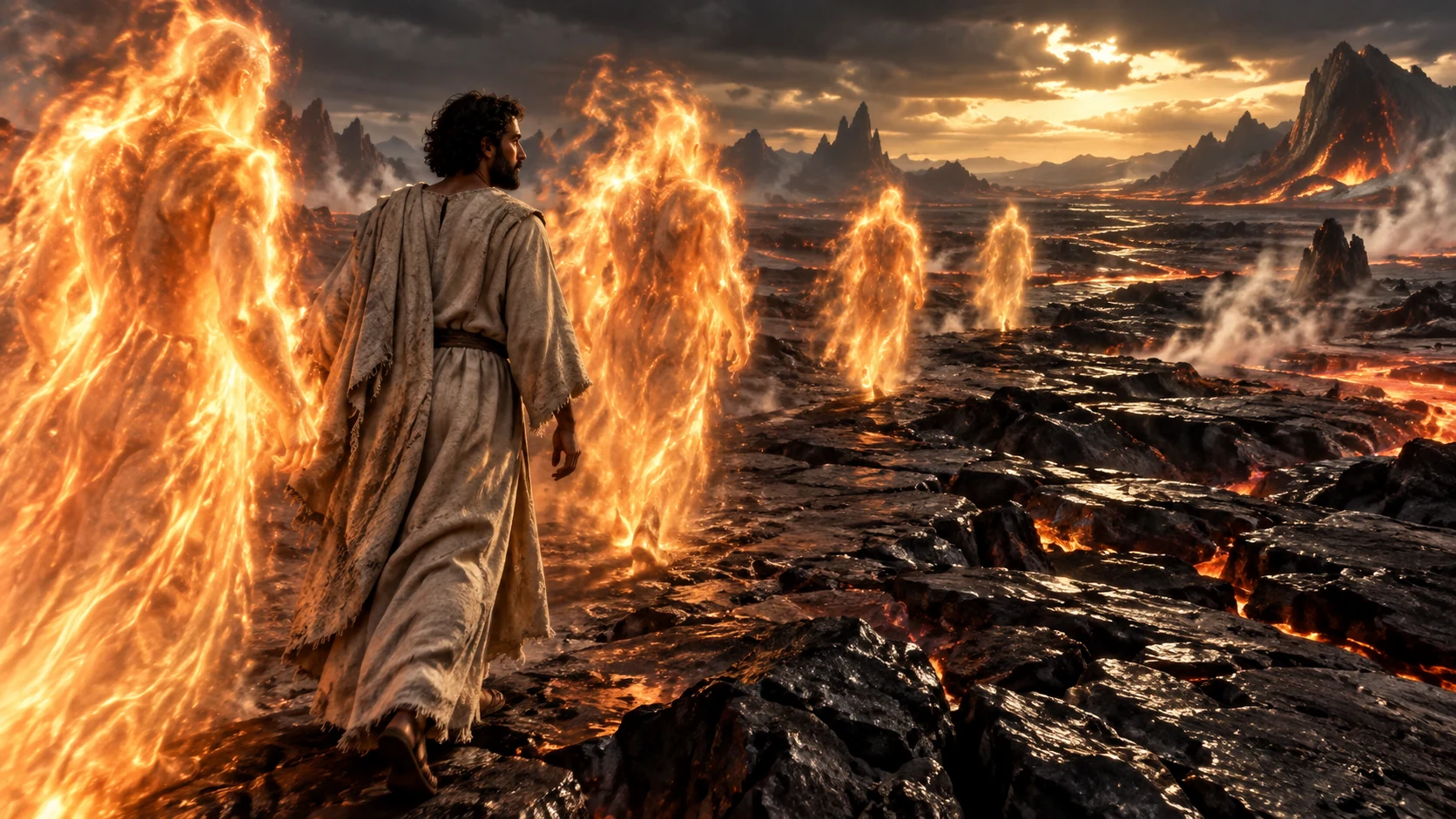 Enoch walking with indistinct fiery humanlike guides