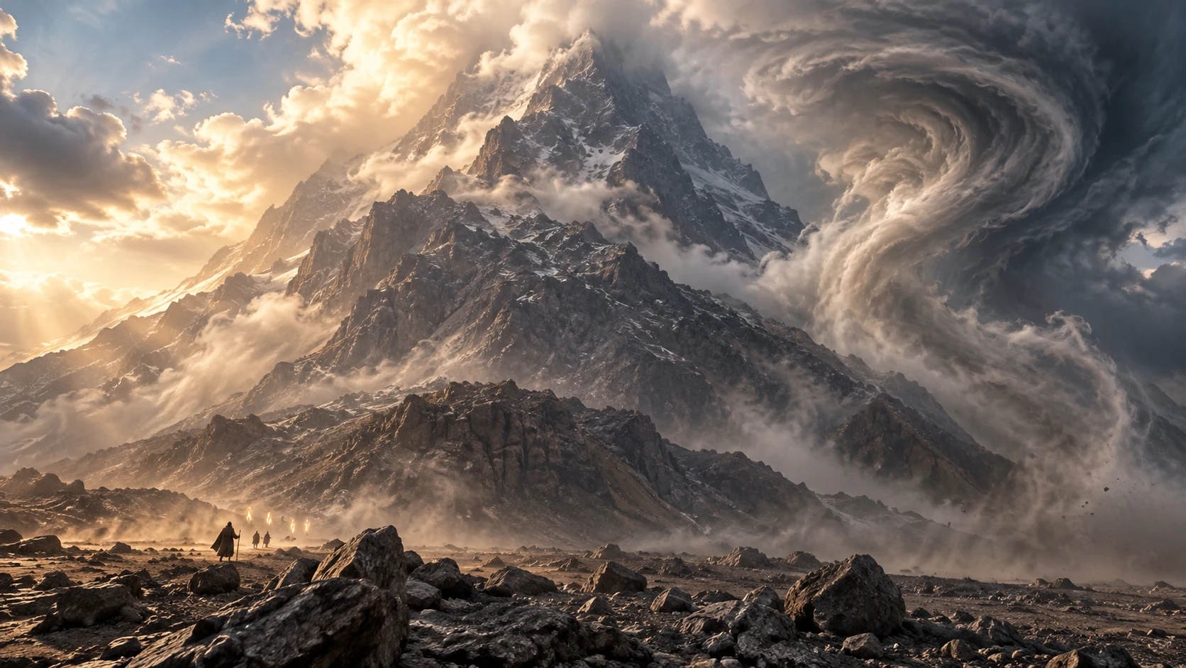 Tiny travelers beneath towering mountain and cloud vortex