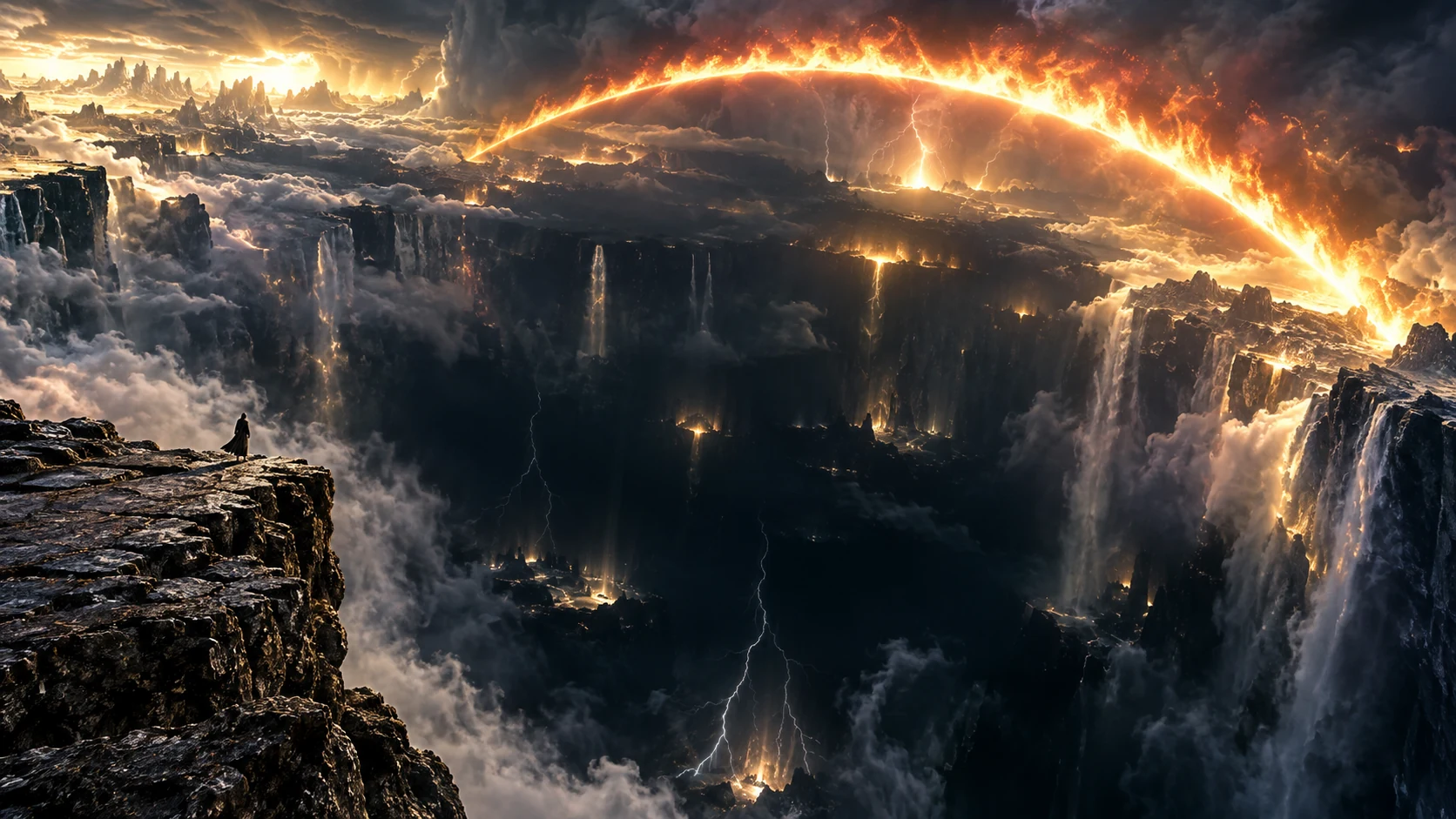 Enoch on precipice before fiery arch across vast depth
