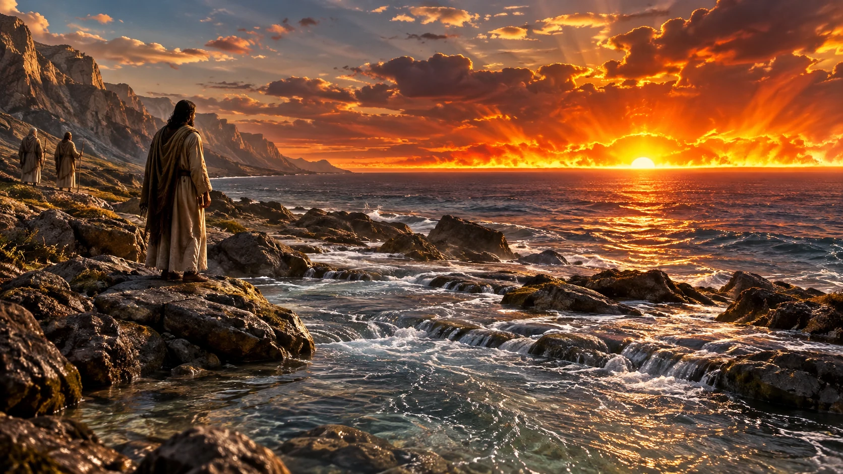 Enoch beside rocky sea at intense sunset