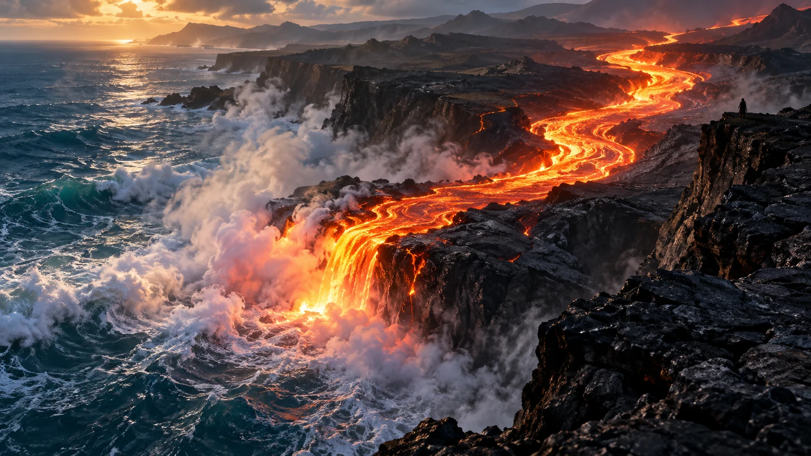 Molten river cascading into rough sea with steam