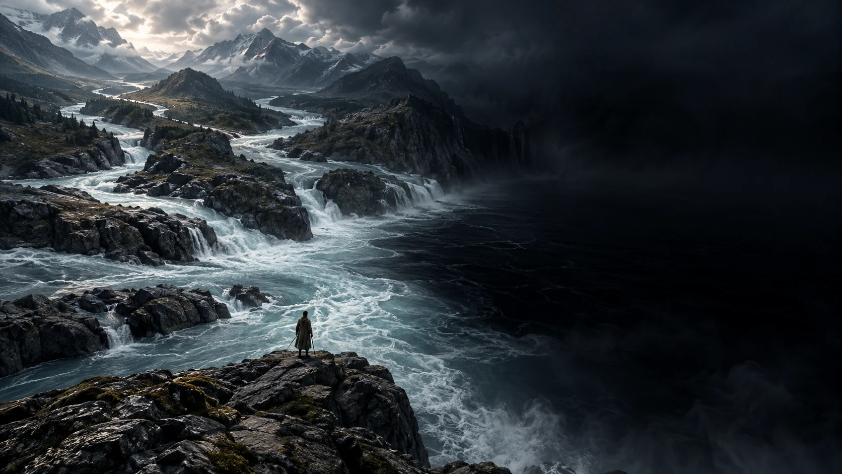 Enoch at bright-water boundary facing deep darkness