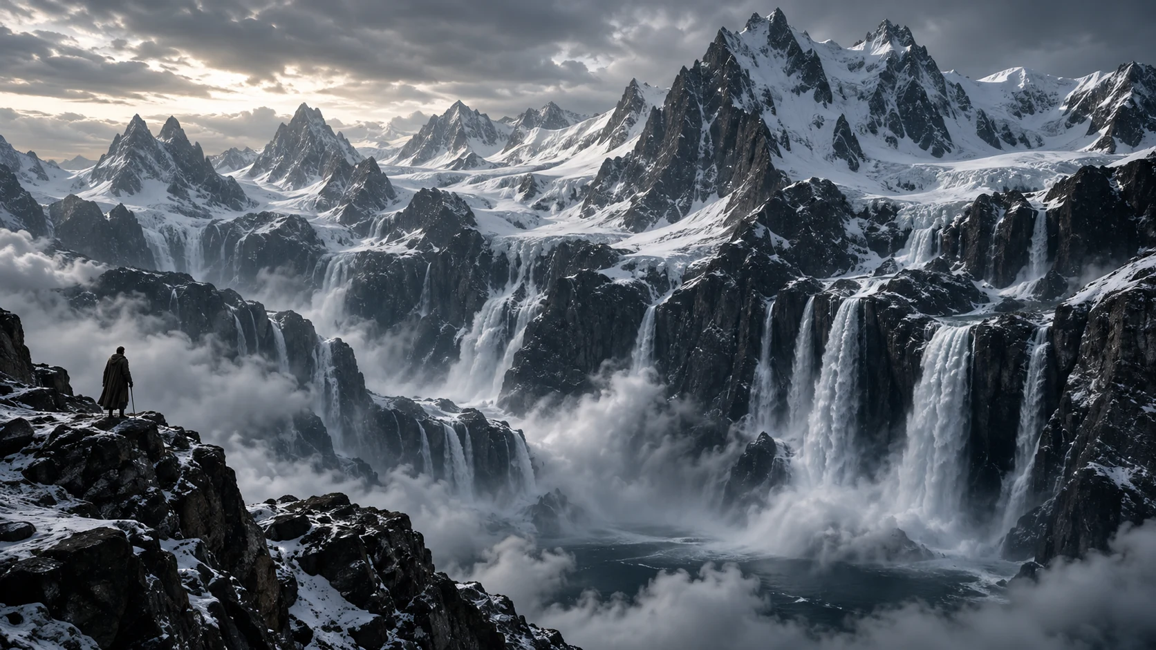 Snow-black mountains and many waterfalls over hidden basin