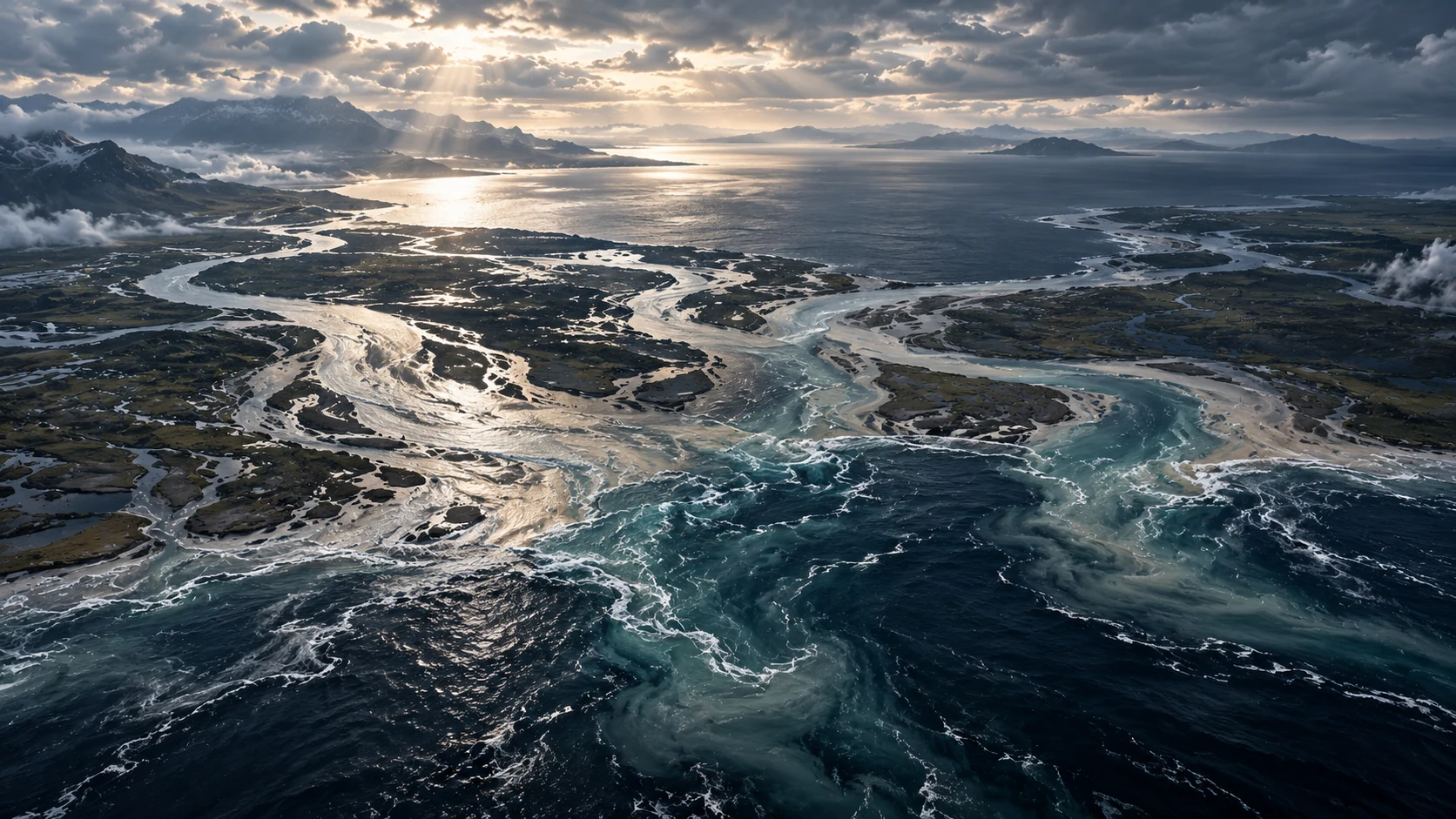 Many river channels meet a vast dark sea beneath broken clouds
