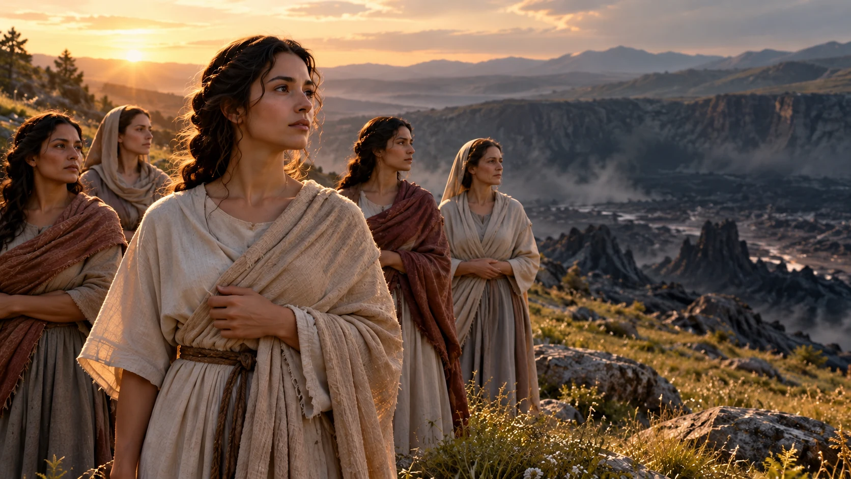 Five distinct adult women stand calmly on a natural ridge in modest rough linen garments.
