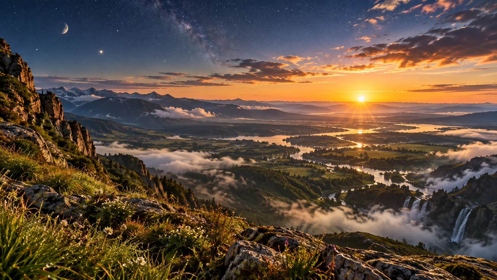 High escarpment at dawn with stars, moon, and rising sun