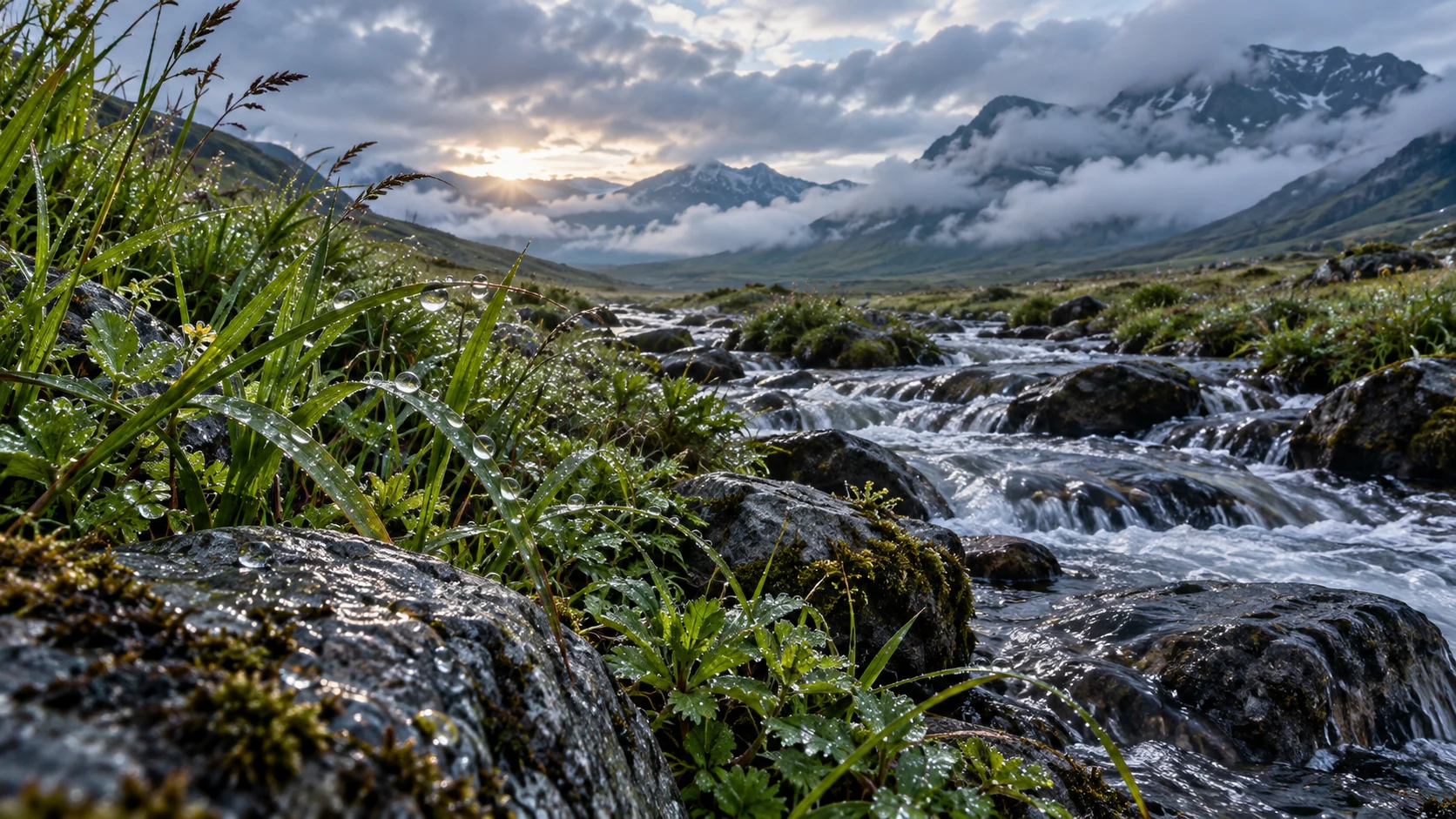 Dewy grass and seasonal stream beneath low cloud