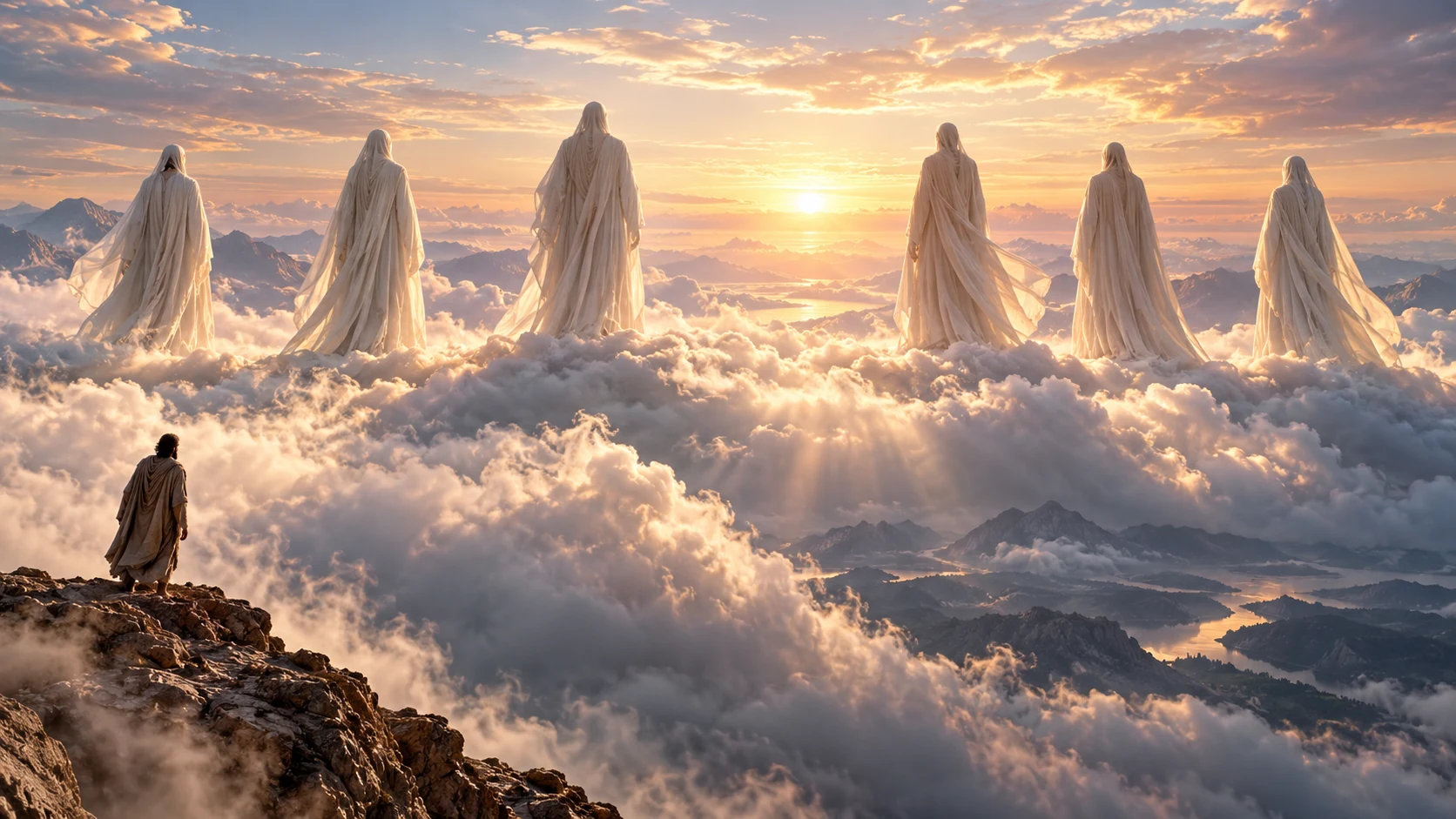 Six pale-veiled presences stand separated on a luminous cloud ridge.