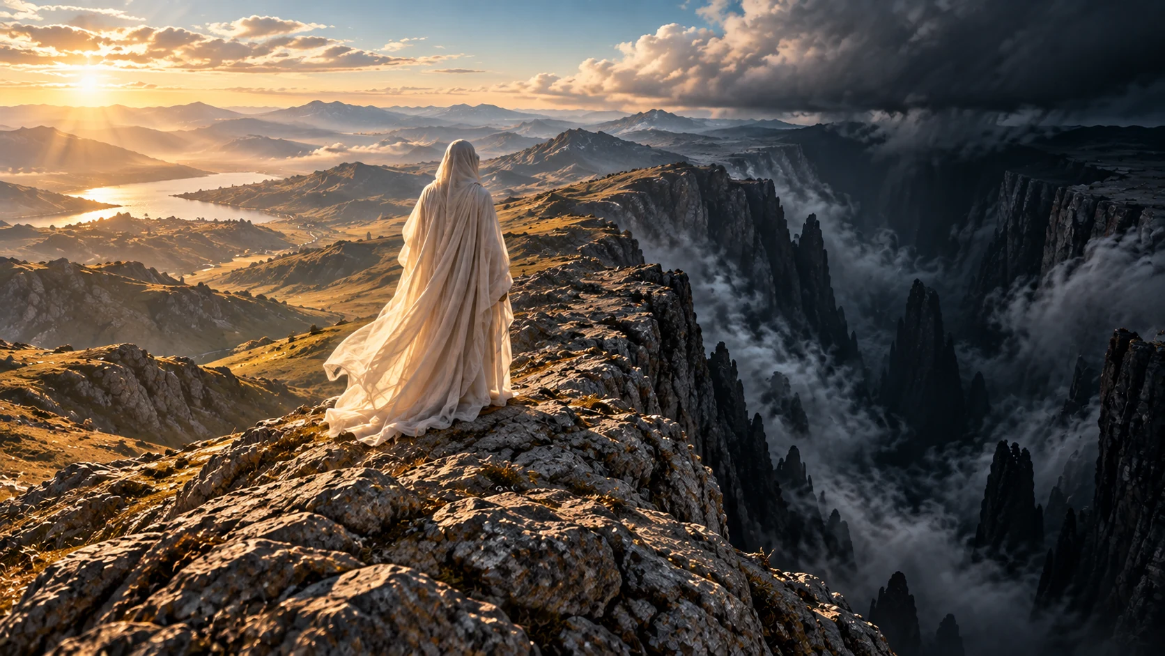 A pale-veiled figure stands between a sunlit valley and a dark natural chasm.