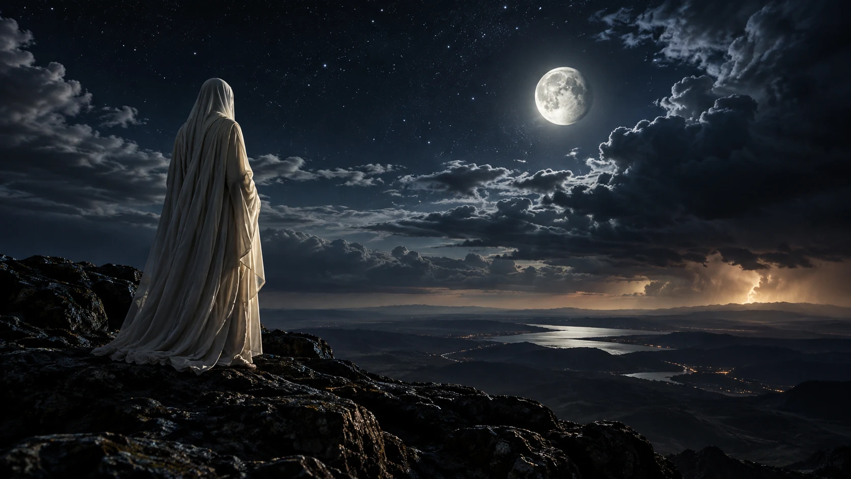 A pale-veiled figure looks toward the moon and distant storm across a bare night landscape.