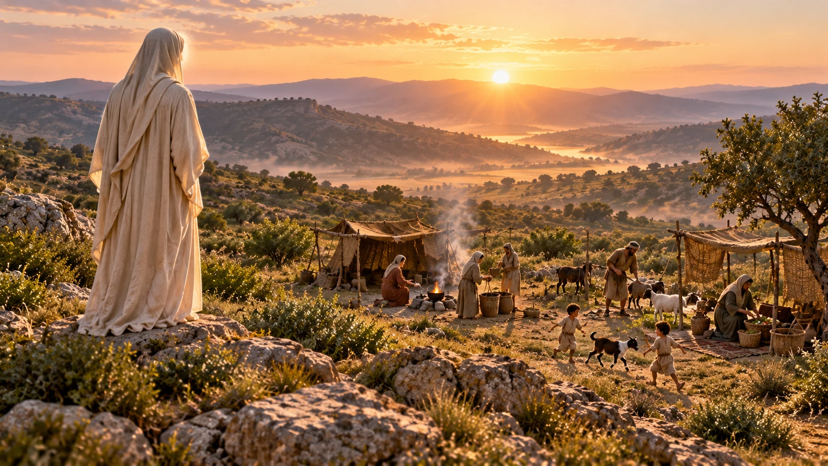 A pale-veiled figure overlooks human families in a simple open camp at dawn.