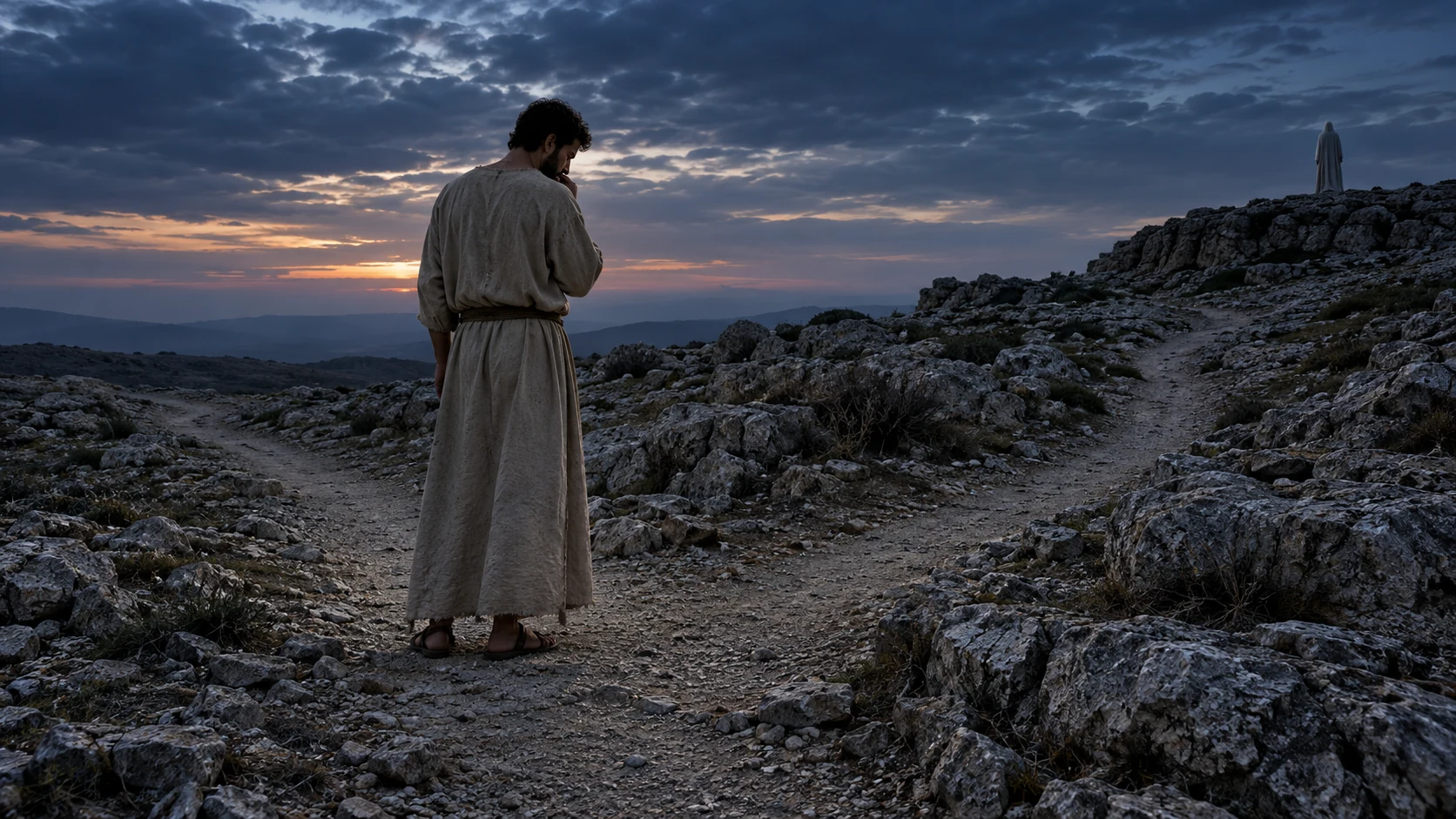 A solitary person pauses on a barren trail, with a distant pale-veiled figure on a ridge.