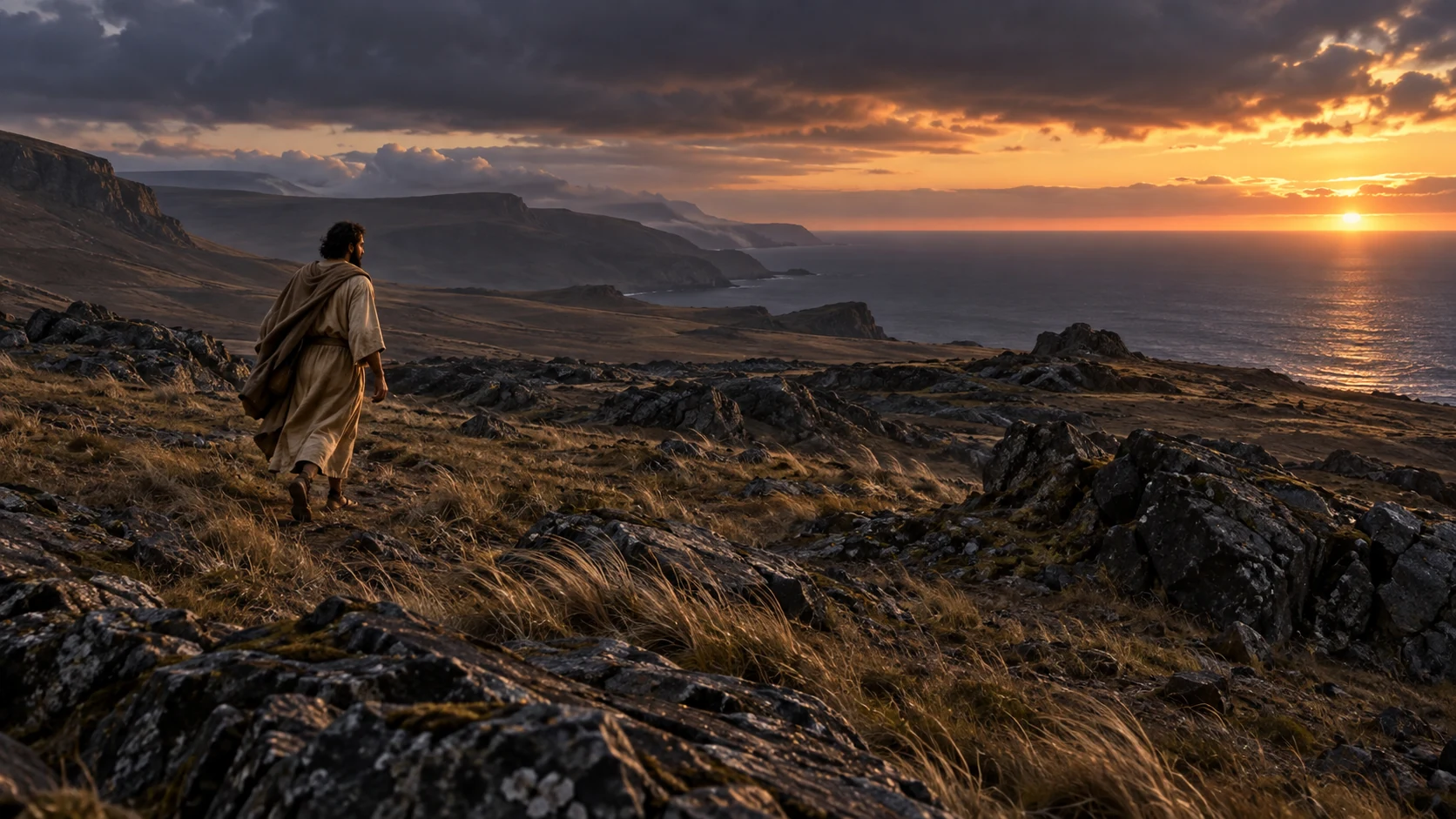 Enoch walks across barren coastal highland at sunset