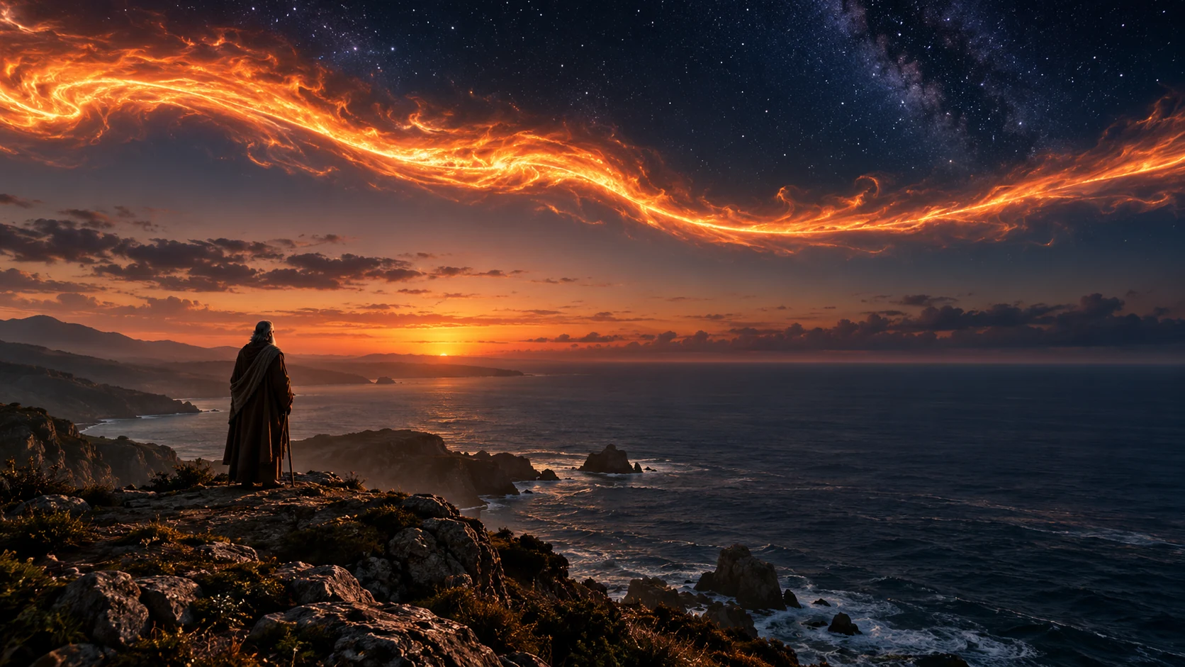 Fiery ribbon in twilight sky above Enoch and sea