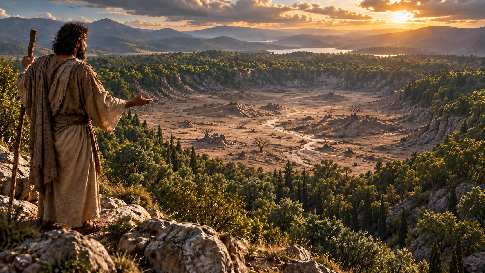 A dark-curled observer questions an open central valley surrounded by tree-filled slopes.