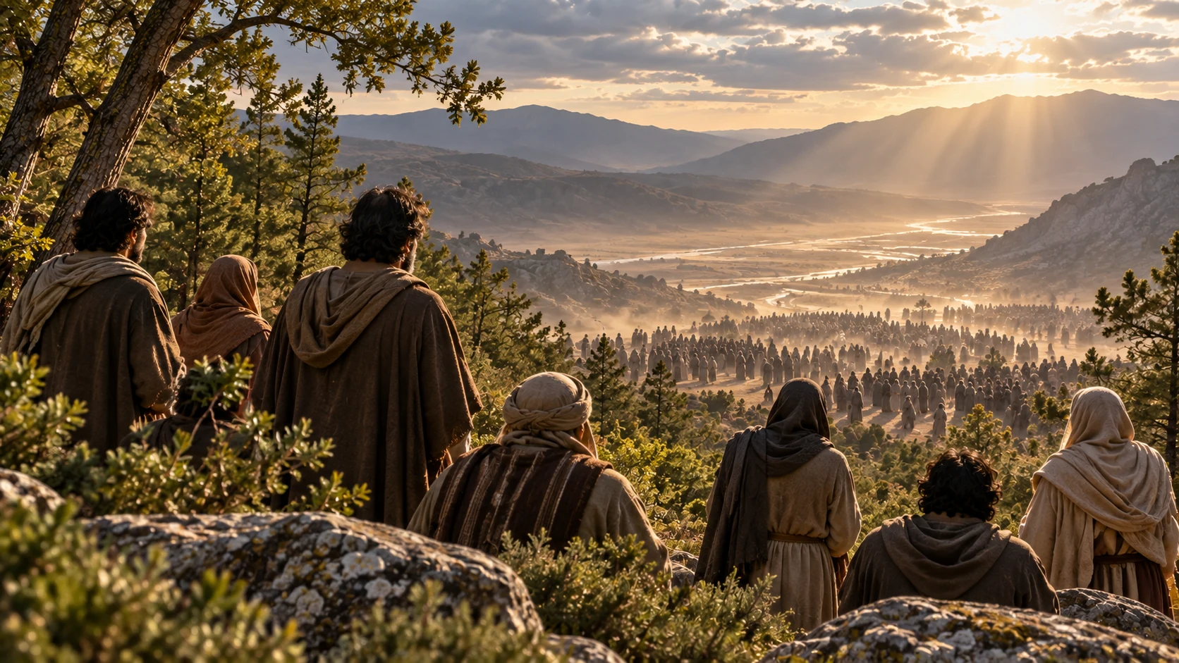Anonymous observers on a wooded ridge look toward distant gathered silhouettes in the valley below.