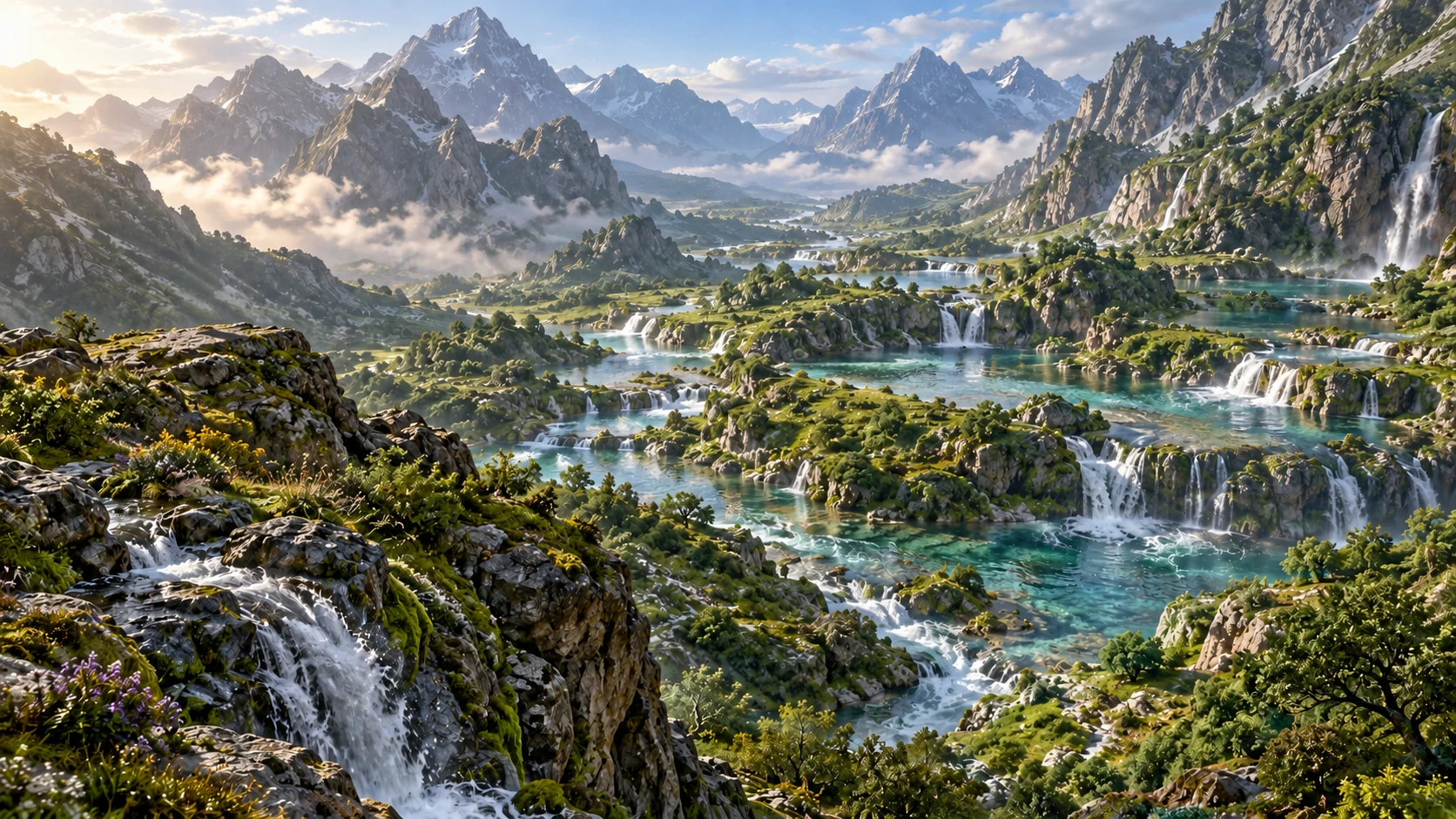 An empty highland valley contains broad waters, springs and cascades.