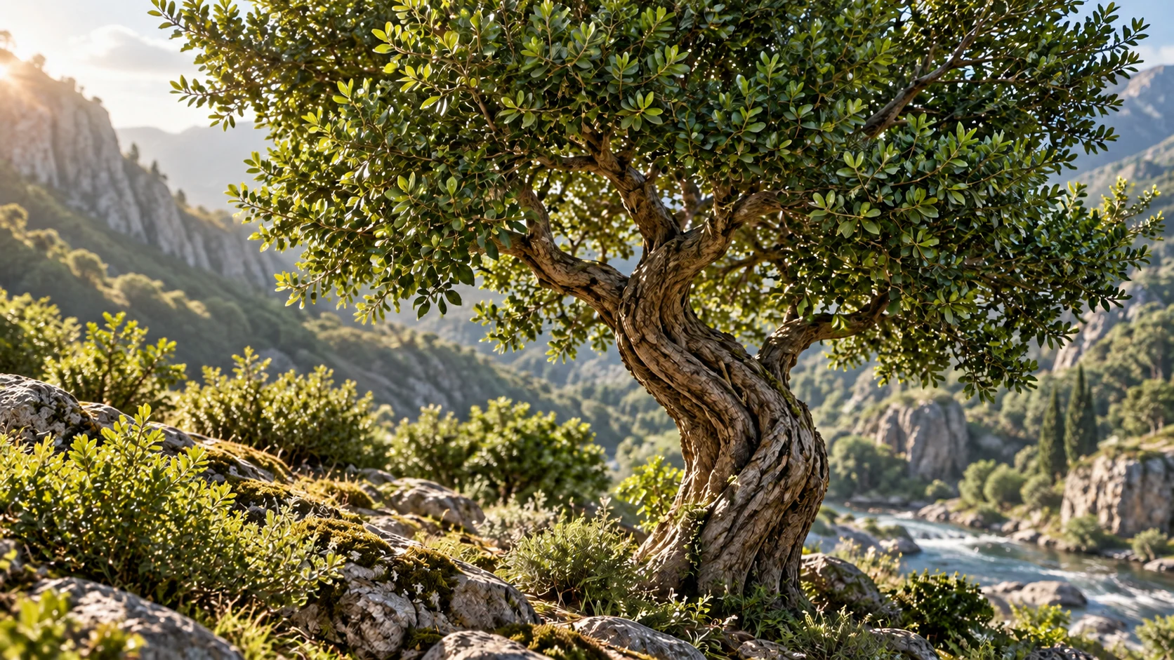 A twisted small-leaved tree stands beside a valley of waters, without a human figure.