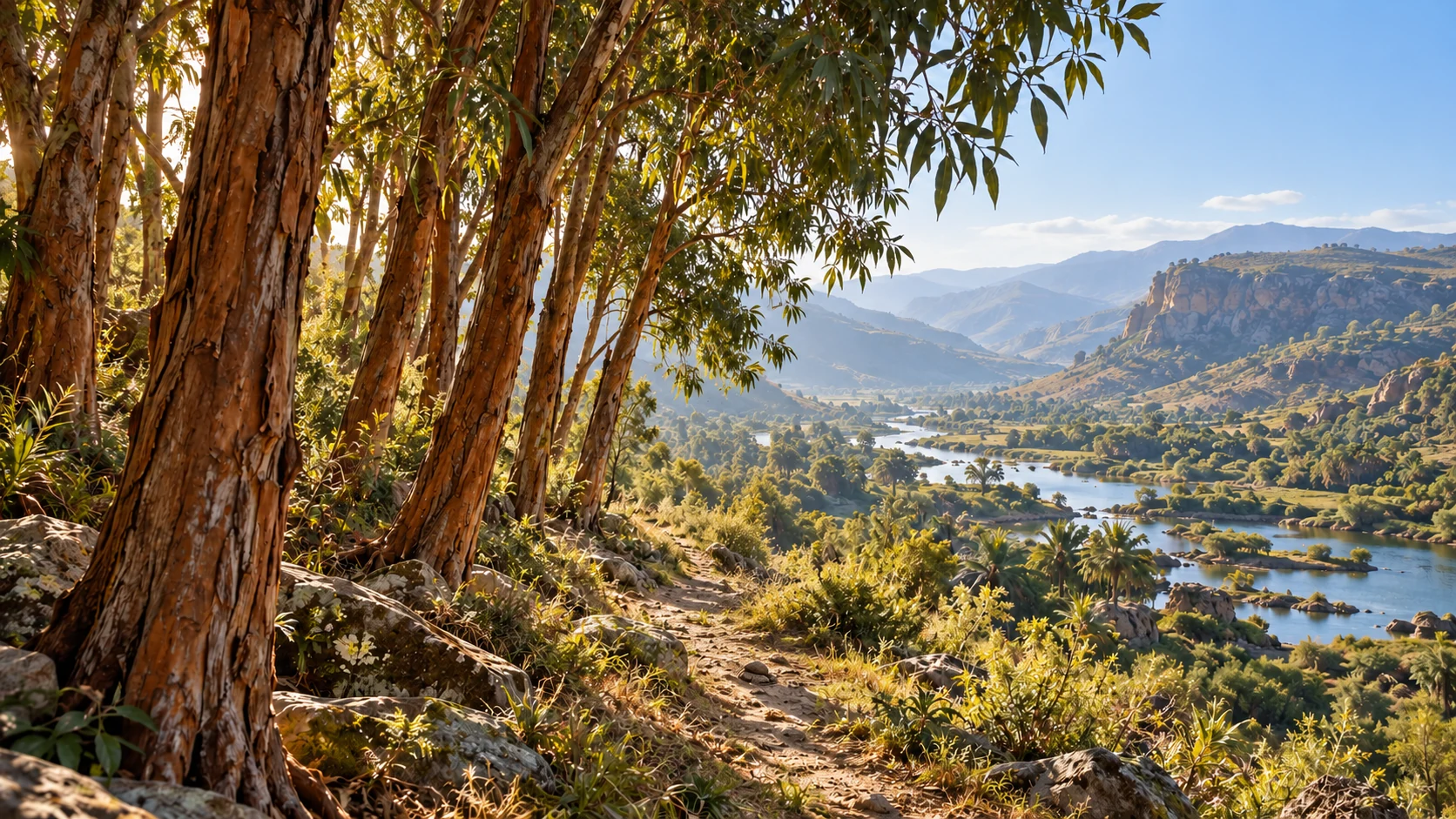 A rough path passes aromatic-tree-like trunks beside a receding valley of waters.