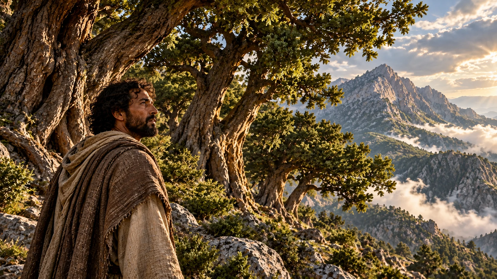 The observer stands beneath dense strong trunks and foliage with a higher mountain beyond.