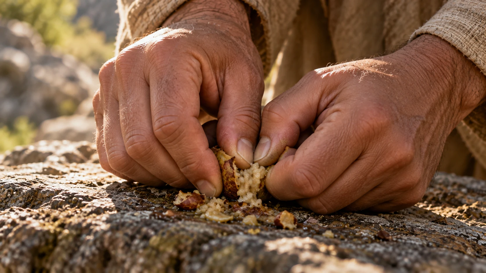 Anonymous adult hands apply pressure to a partly obscured unidentified fruit on rough stone.