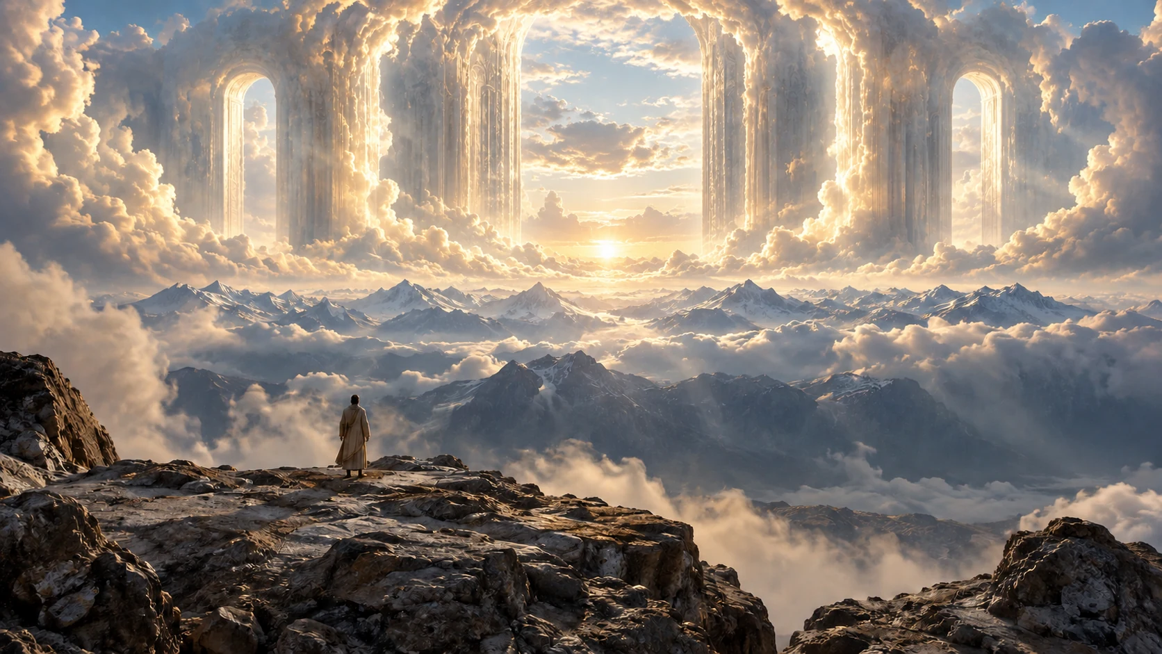 A back-facing tan-robed observer stands beneath immense luminous cloud openings above mountains.