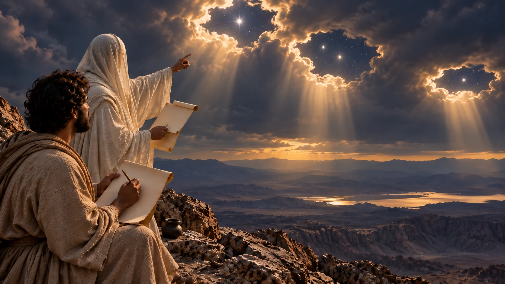 Dark-curled Enoch writes on parchment while face-veiled Uriel points toward cloud openings containing stars.
