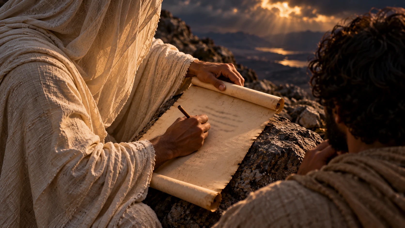 A pale-veiled figure writes on parchment on a stone while a dark-curled tan-robed observer watches.