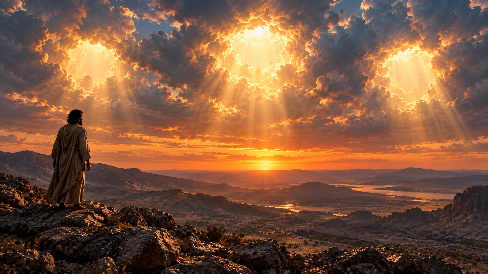 Enoch stands on a barren ridge beneath three distinct openings of light in the western cloudbank.