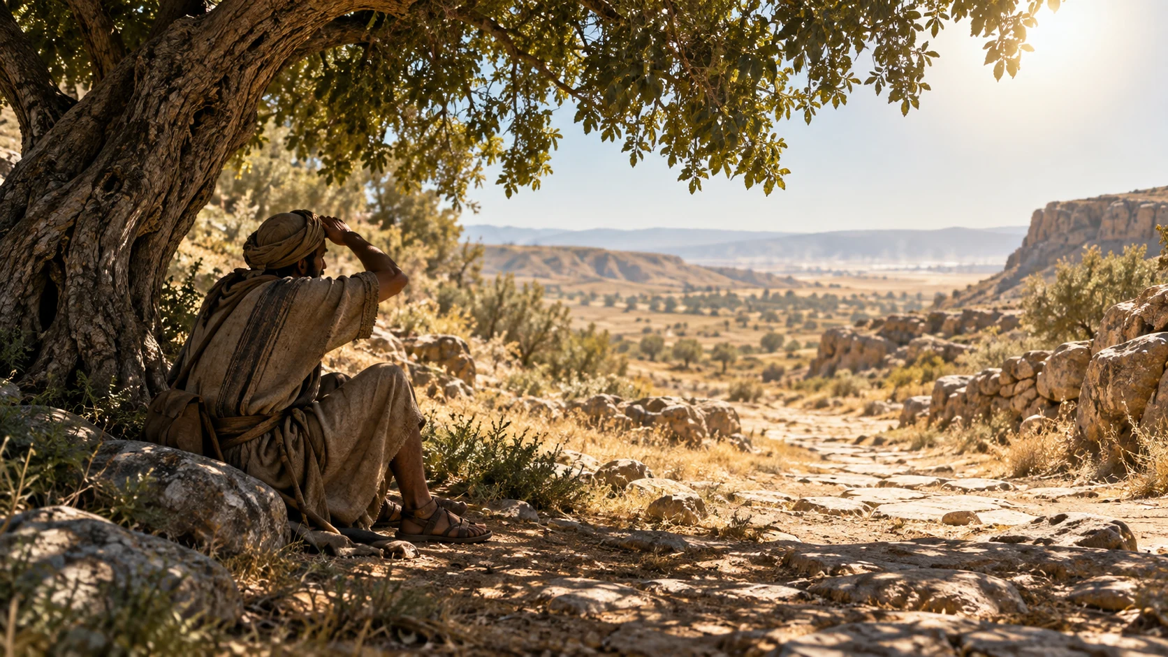 Traveler rests in tree shade above a sunstruck stone path