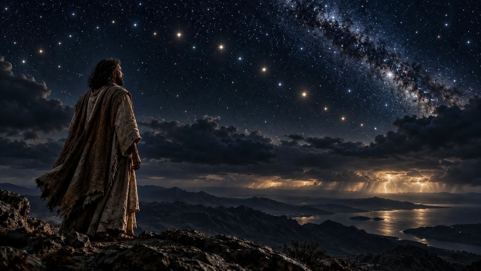 A dark-curled tan-robed observer faces stars and distant storm light on a rocky overlook.