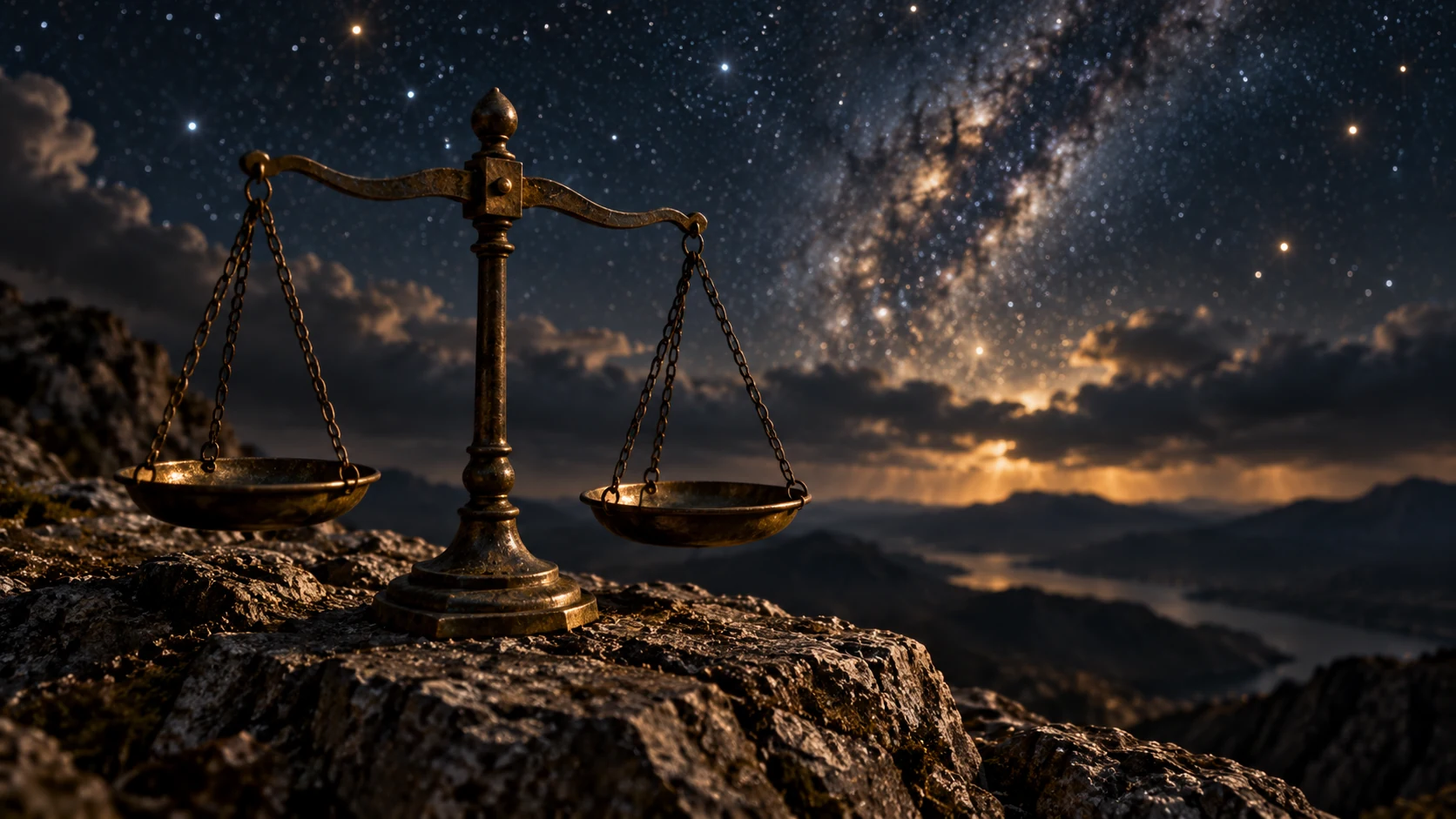 An empty bronze two-pan balance rests on natural stone beneath a softly focused night sky.