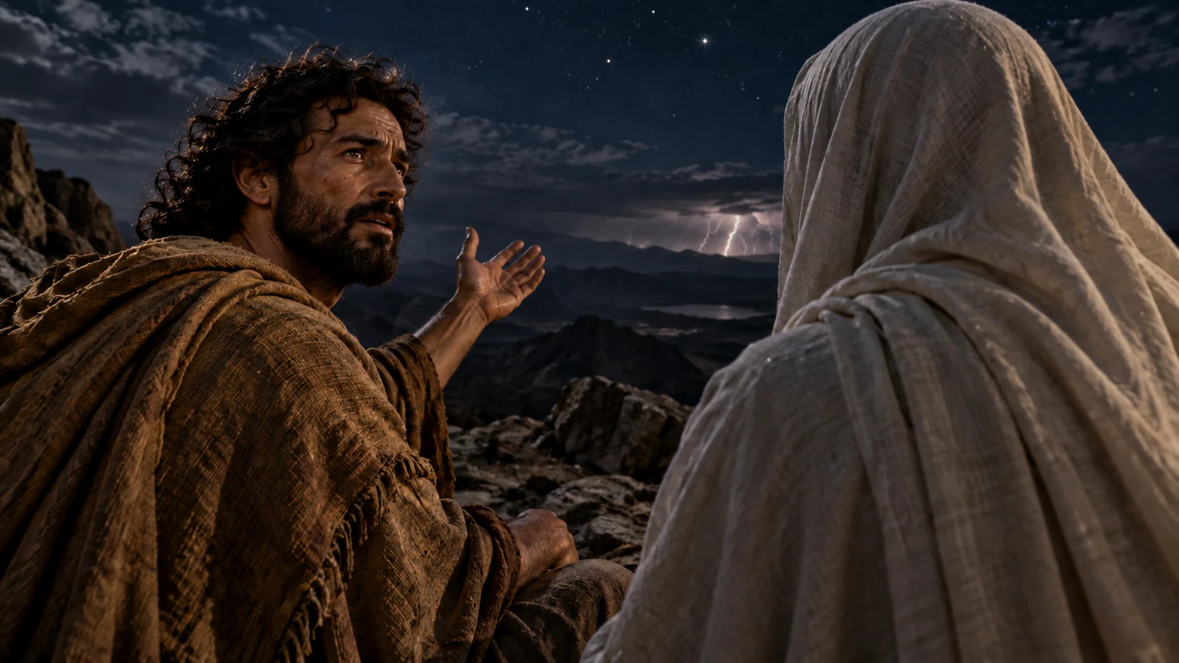 A dark-curled tan-robed observer asks a pale face-veiled companion a question against distant natural lightning.