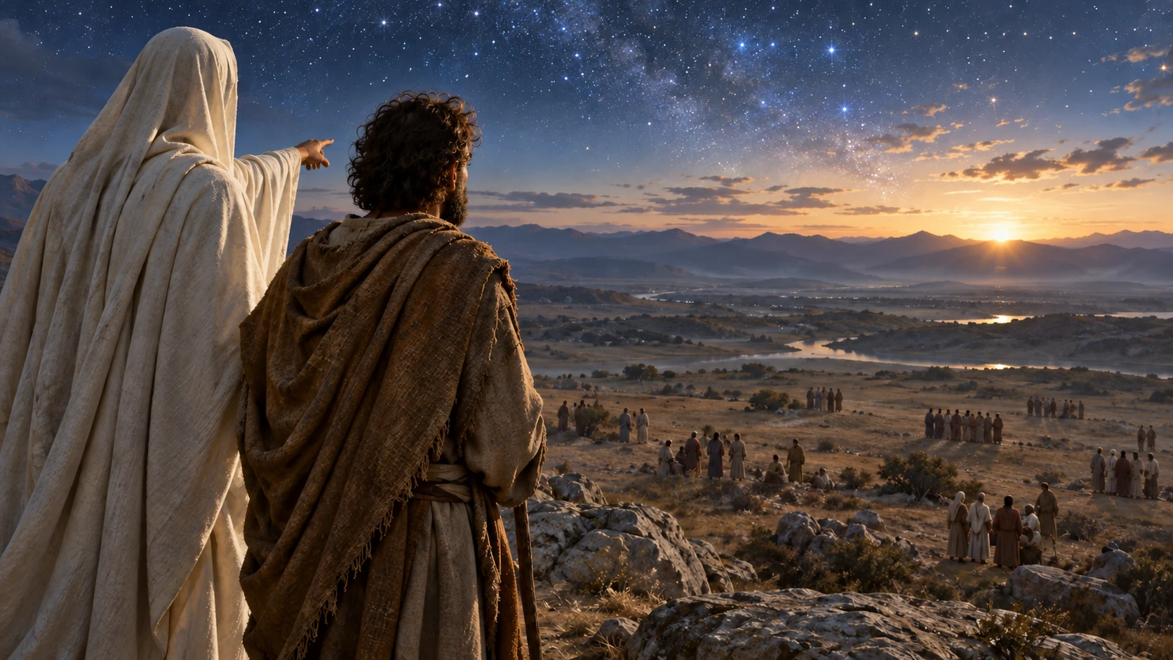 A pale face-veiled companion gestures over unnamed human groups while a dark-curled observer looks across a sunrise valley.