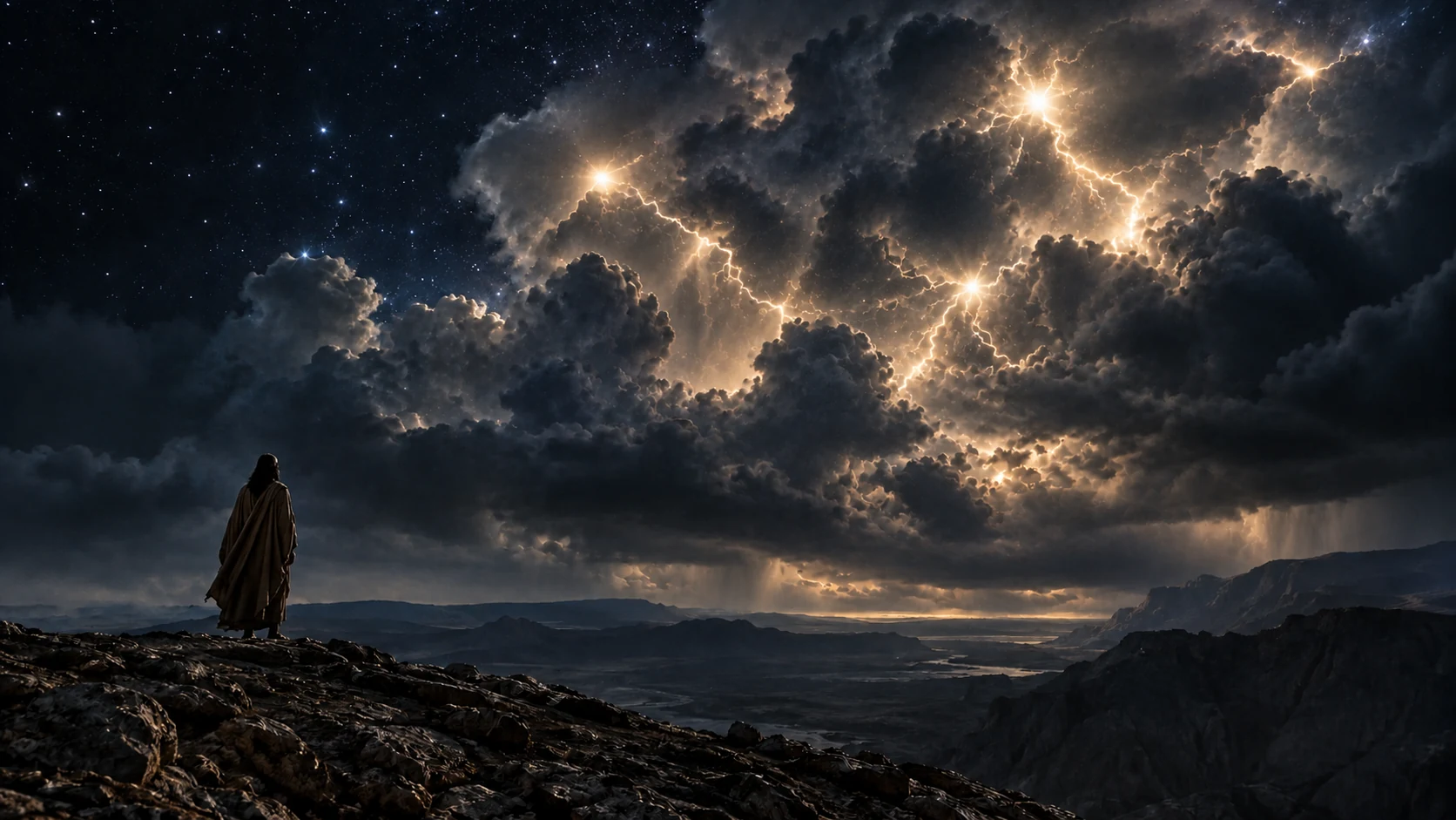 A small back-facing observer looks across a night wilderness toward star-like light and organic lightning within storm clouds.